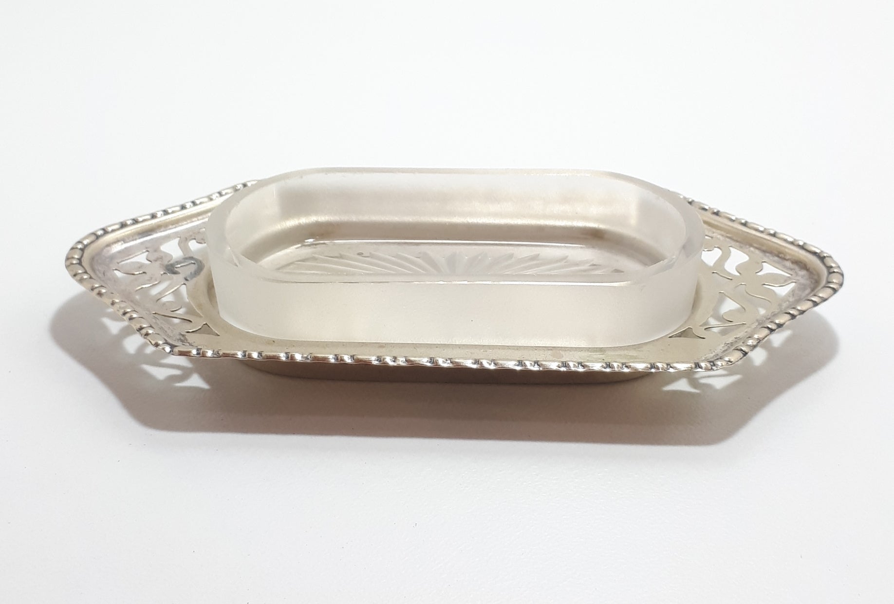 Antique (Gothic EPNS) Sheffield Silver Plated Butter Pat Dish - Tray & Frost Glass Liner