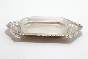 Antique (Gothic EPNS) Sheffield Silver Plated Butter Pat Dish - Tray & Frost Glass Liner