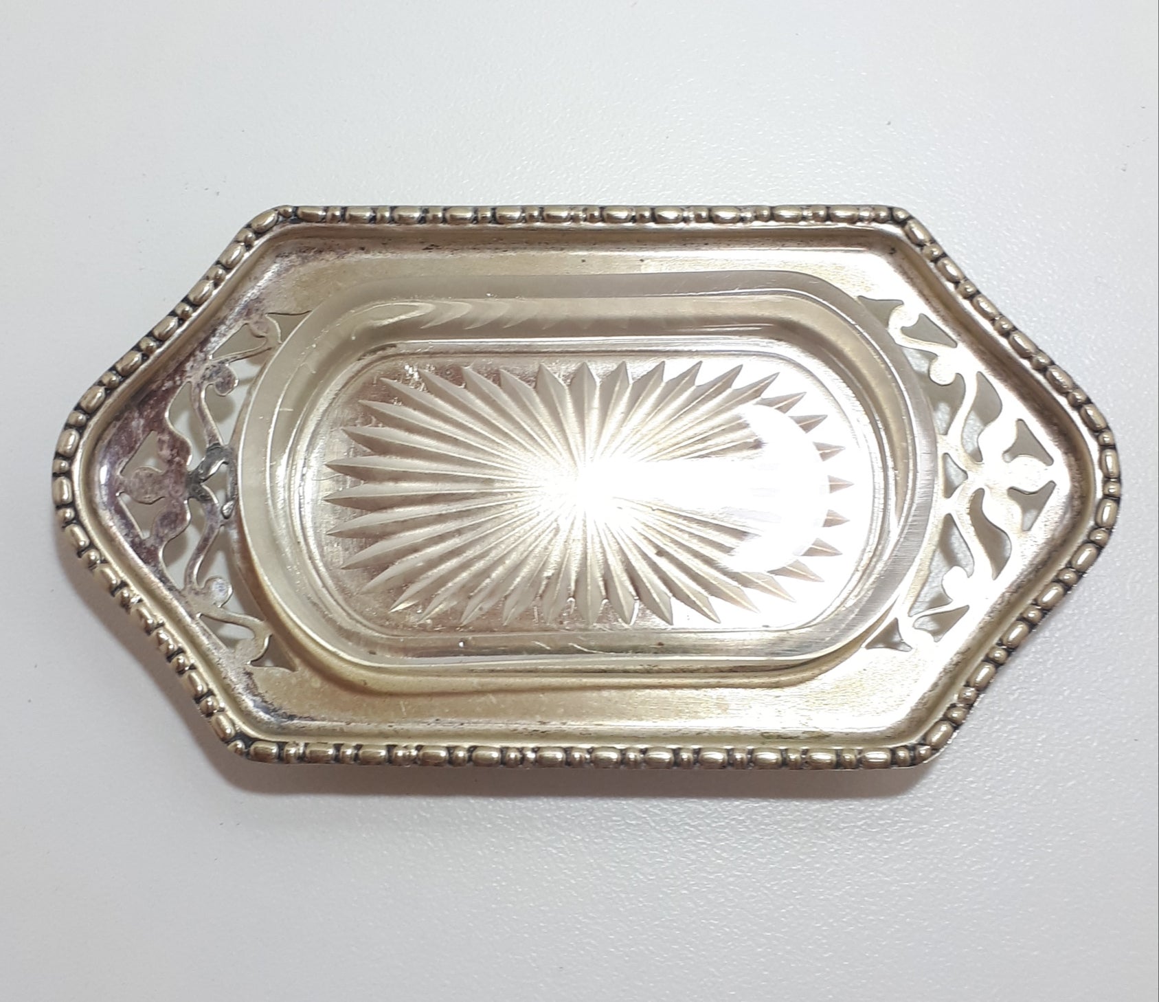 Antique (Gothic EPNS) Sheffield Silver Plated Butter Pat Dish - Tray & Frost Glass Liner