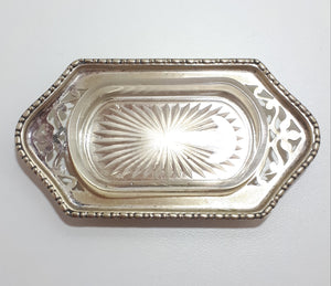 Antique (Gothic EPNS) Sheffield Silver Plated Butter Pat Dish - Tray & Frost Glass Liner