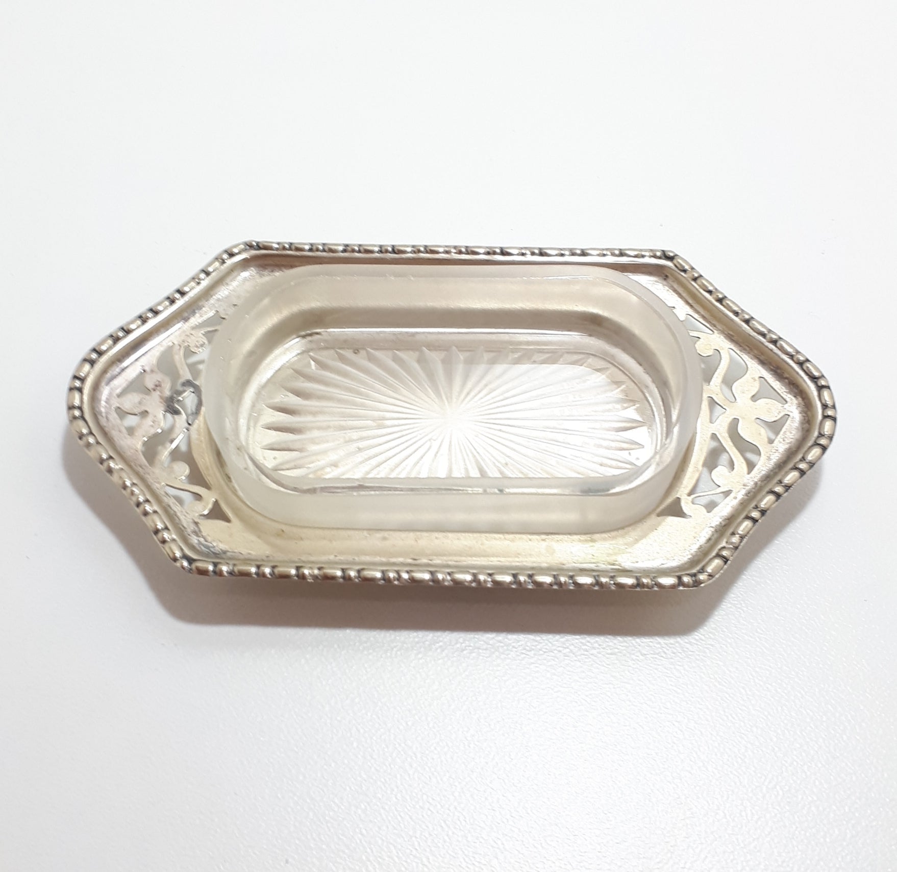 Antique (Gothic EPNS) Sheffield Silver Plated Butter Pat Dish - Tray & Frost Glass Liner