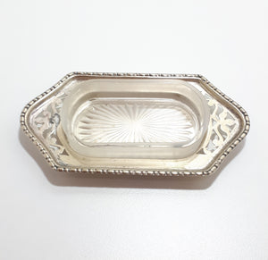 Antique (Gothic EPNS) Sheffield Silver Plated Butter Pat Dish - Tray & Frost Glass Liner