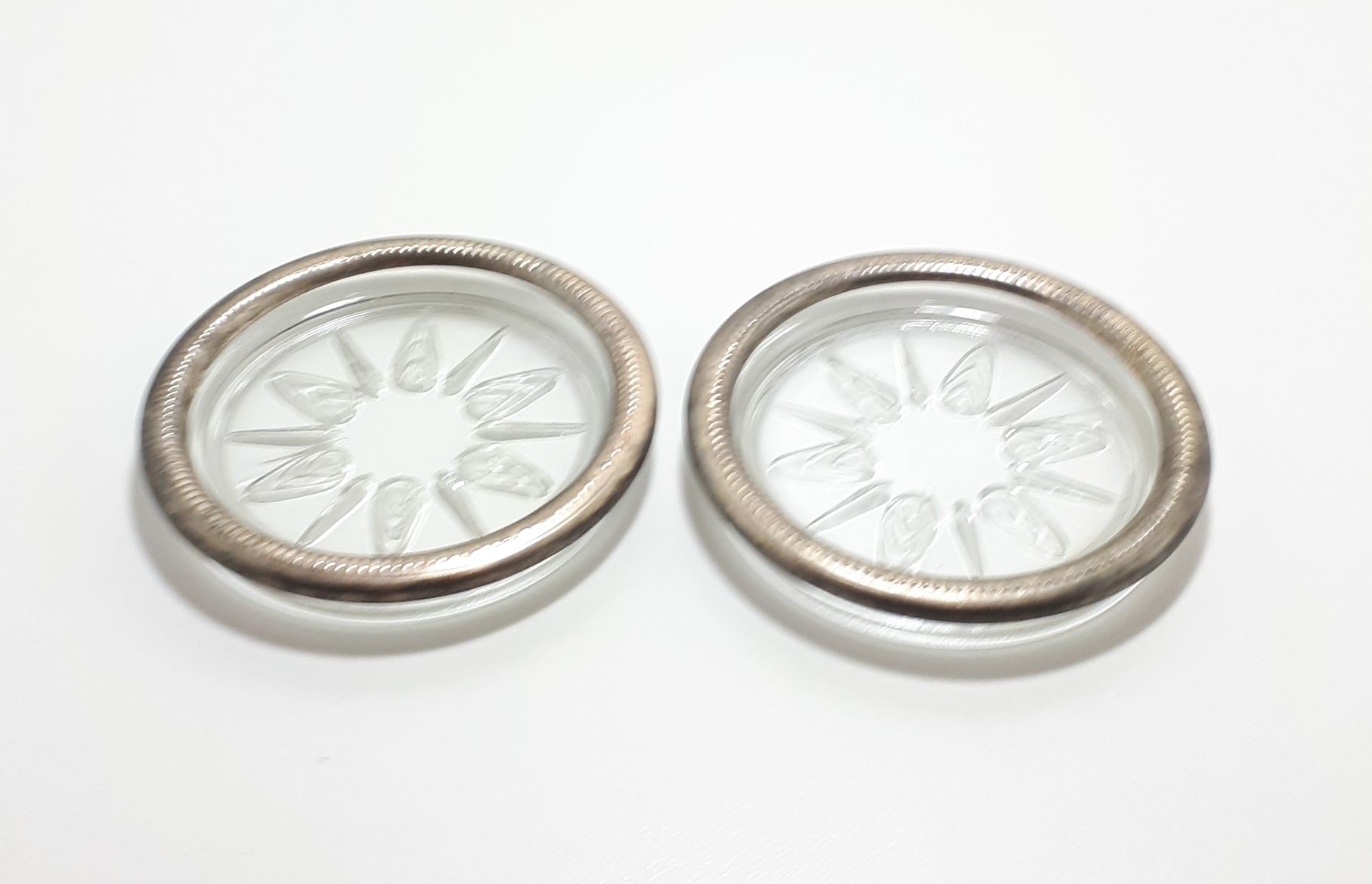Pair Of Identical Vintage Glass Coasters With Silver Plated Rims