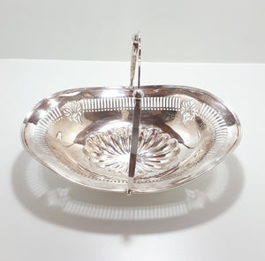 Art Nouveau Styled Large Silver Plated Display Bowl With Reticulated Pierced Metal Patterning & Swing Handle