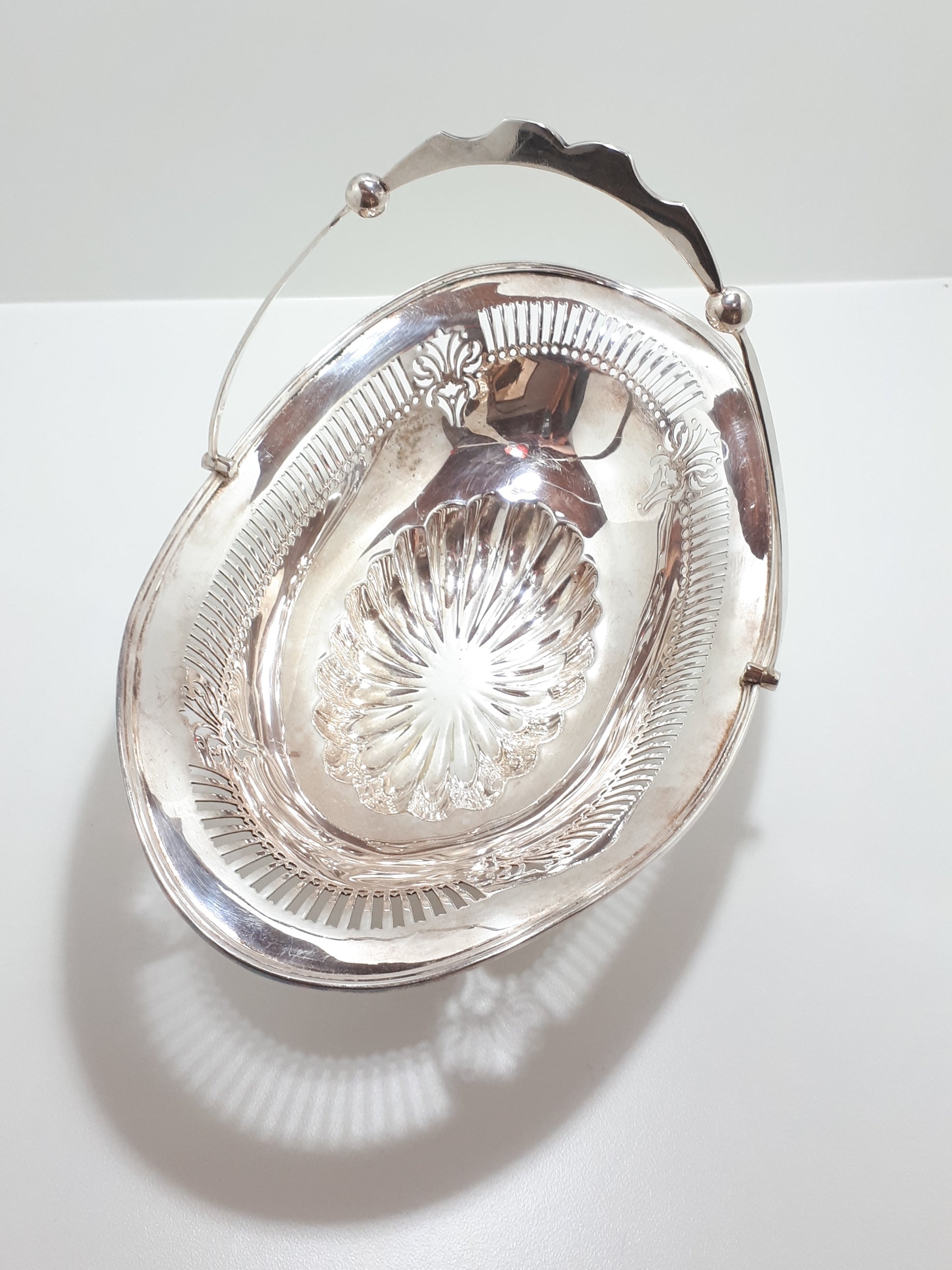 Art Nouveau Styled Large Silver Plated Display Bowl With Reticulated Pierced Metal Patterning & Swing Handle