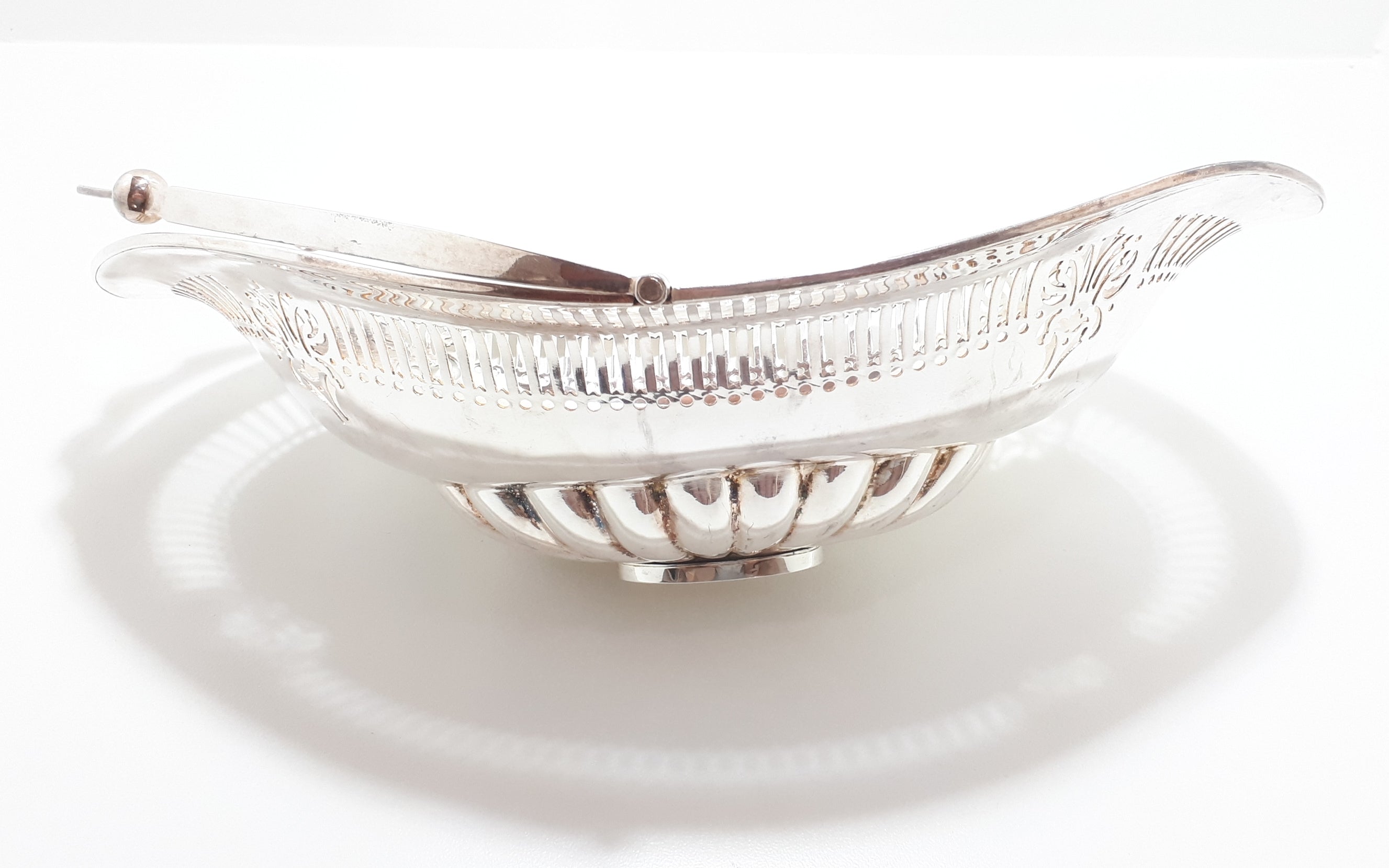 Art Nouveau Styled Large Silver Plated Display Bowl With Reticulated Pierced Metal Patterning & Swing Handle