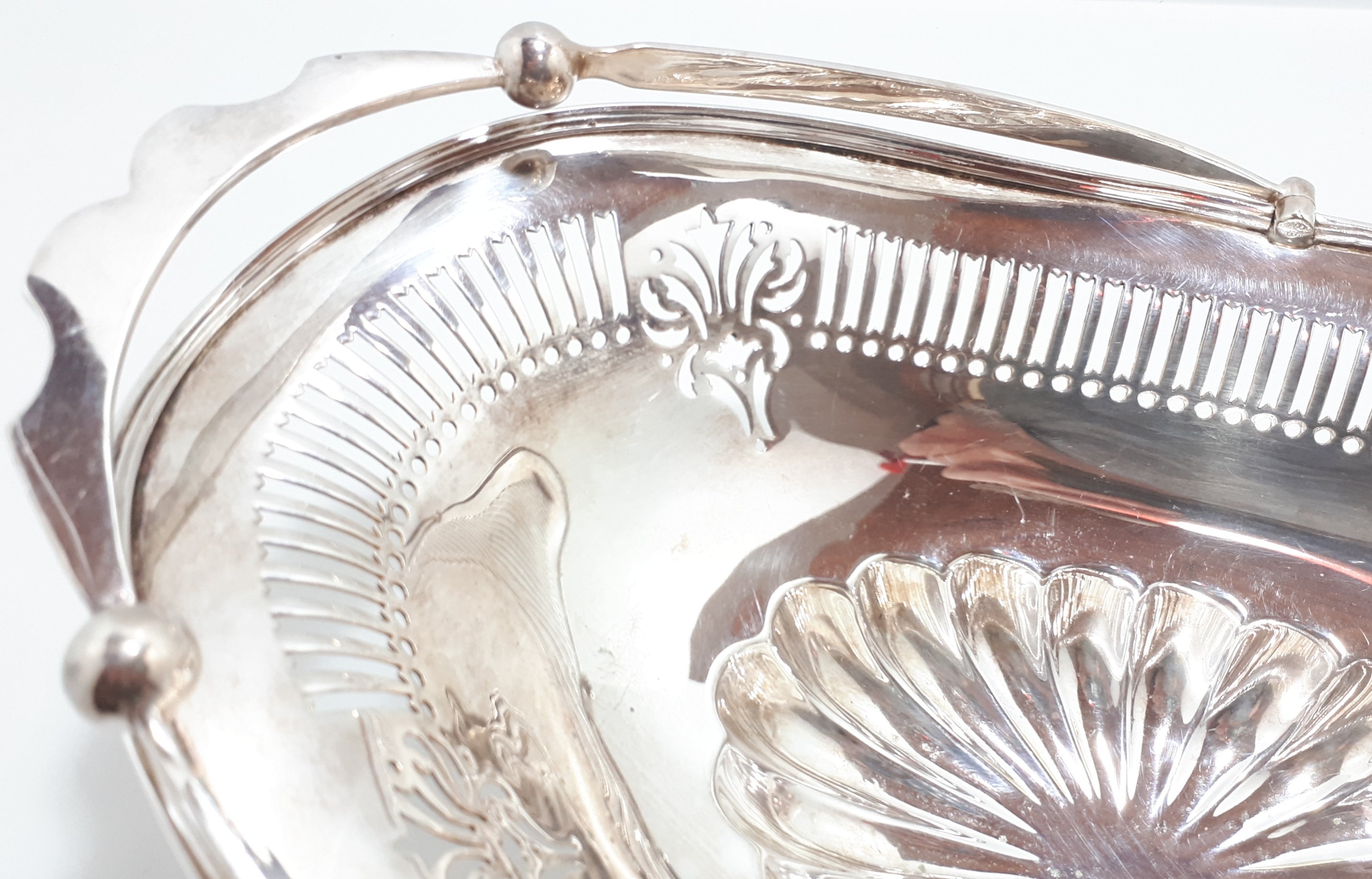 Art Nouveau Styled Large Silver Plated Display Bowl With Reticulated Pierced Metal Patterning & Swing Handle