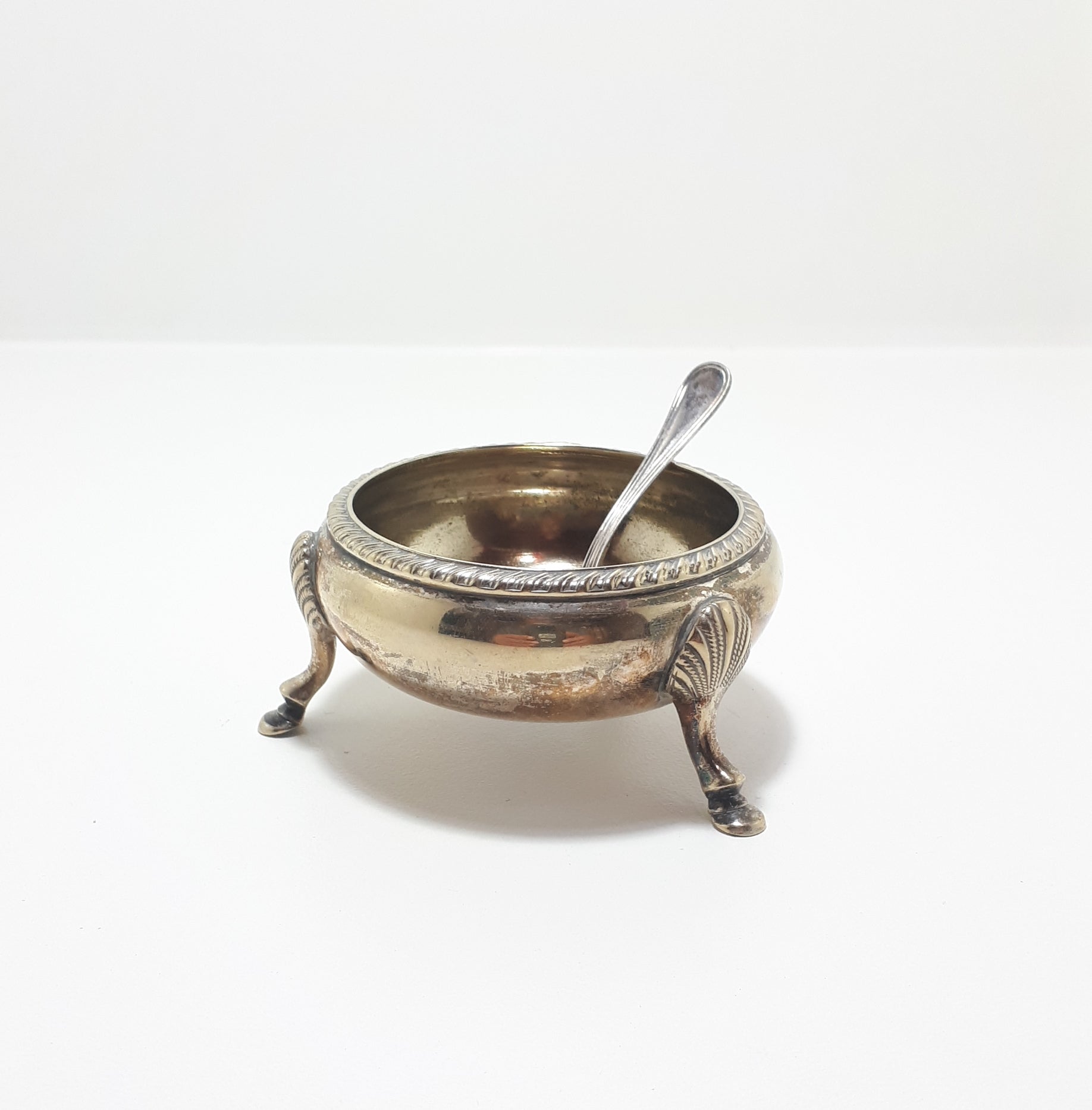 Silver Plated Open Salt Cellar With Paw Feet & Italian Silver Plated Salt Spoon