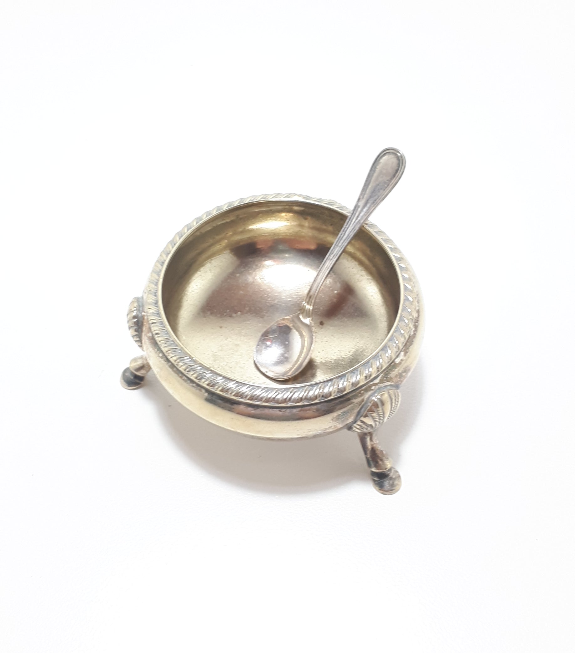Silver Plated Open Salt Cellar With Paw Feet & Italian Silver Plated Salt Spoon