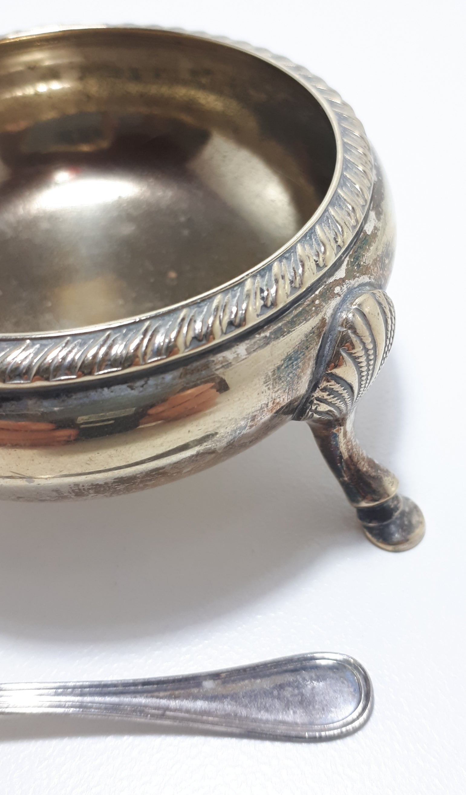 Silver Plated Open Salt Cellar With Paw Feet & Italian Silver Plated Salt Spoon