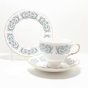 1959-1964 Fine Porcelain Queen Anne Tea Trio – Rococo Blue Scroll Pattern (8458)
