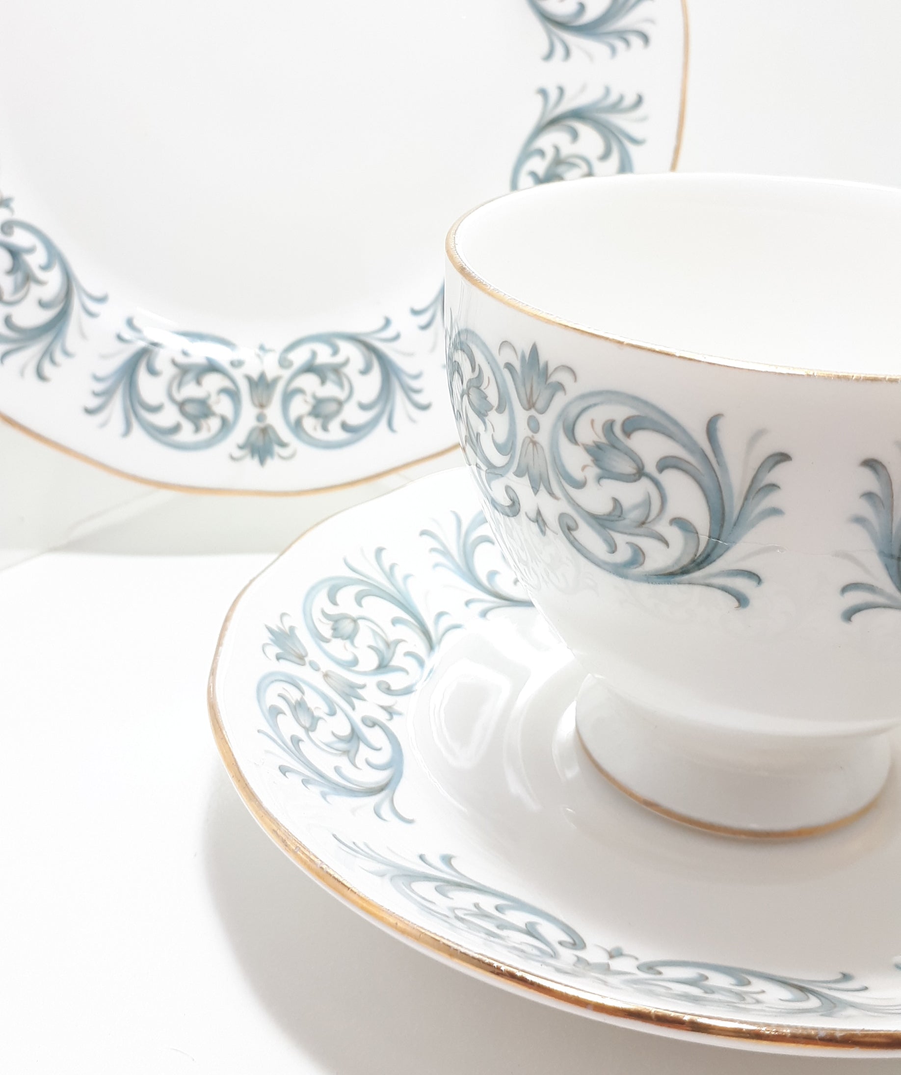 1959-1964 Fine Porcelain Queen Anne Tea Trio – Rococo Blue Scroll Pattern (8458)