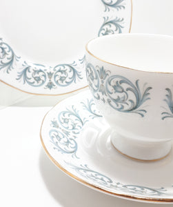 1959-1964 Fine Porcelain Queen Anne Tea Trio – Rococo Blue Scroll Pattern (8458)