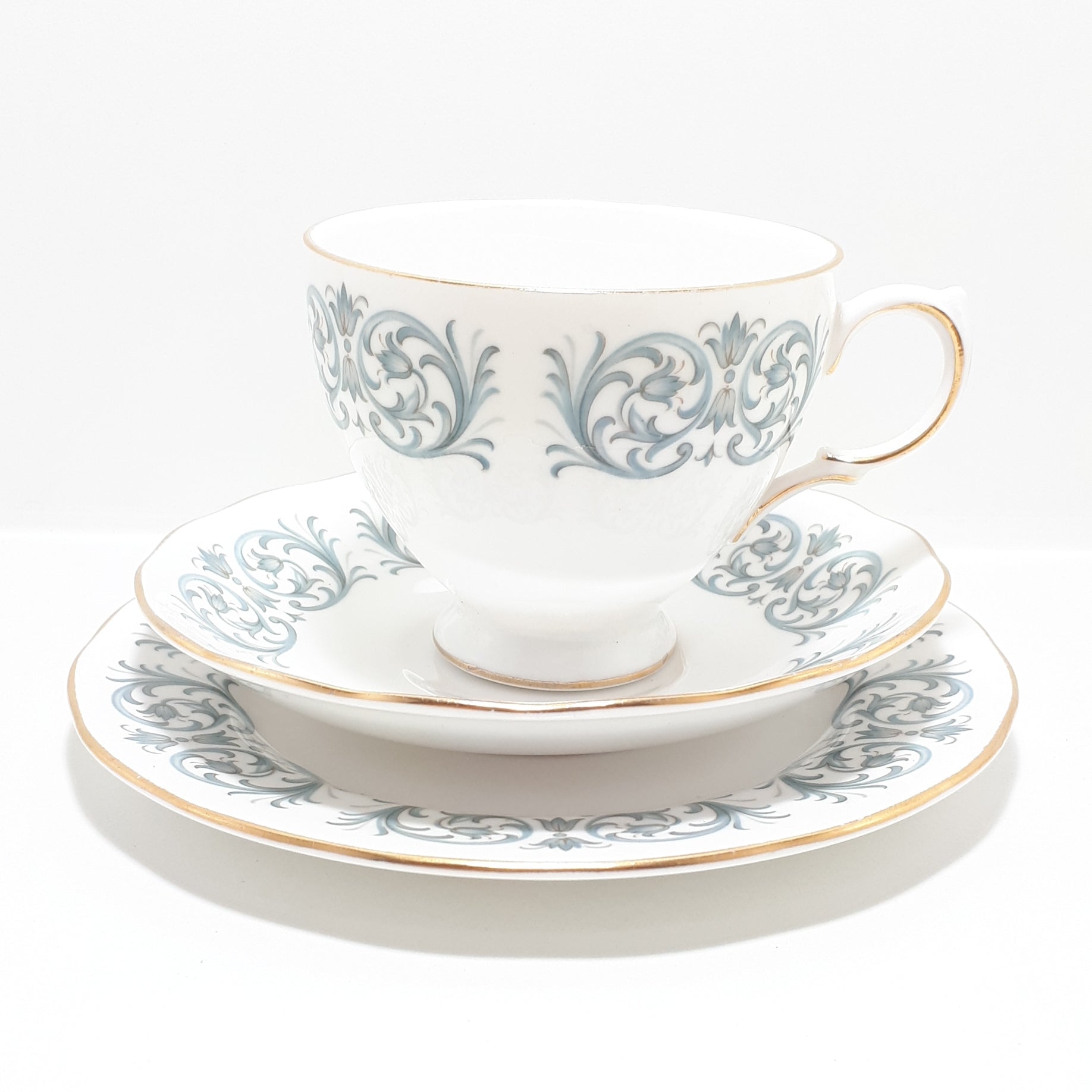 1959-1964 Fine Porcelain Queen Anne Tea Trio – Rococo Blue Scroll Pattern (8458)