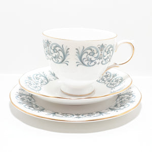 1959-1964 Fine Porcelain Queen Anne Tea Trio – Rococo Blue Scroll Pattern (8458)