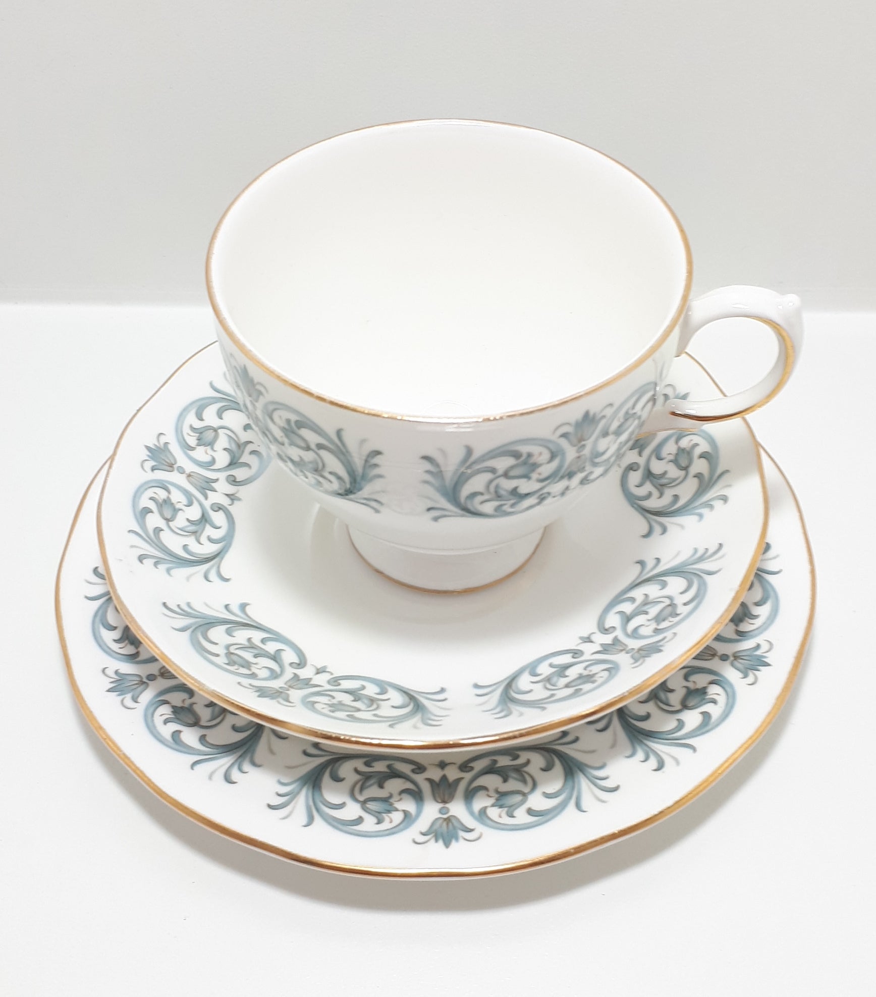1959-1964 Fine Porcelain Queen Anne Tea Trio – Rococo Blue Scroll Pattern (8458)