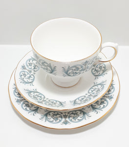 1959-1964 Fine Porcelain Queen Anne Tea Trio – Rococo Blue Scroll Pattern (8458)
