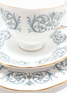 1959-1964 Fine Porcelain Queen Anne Tea Trio – Rococo Blue Scroll Pattern (8458)