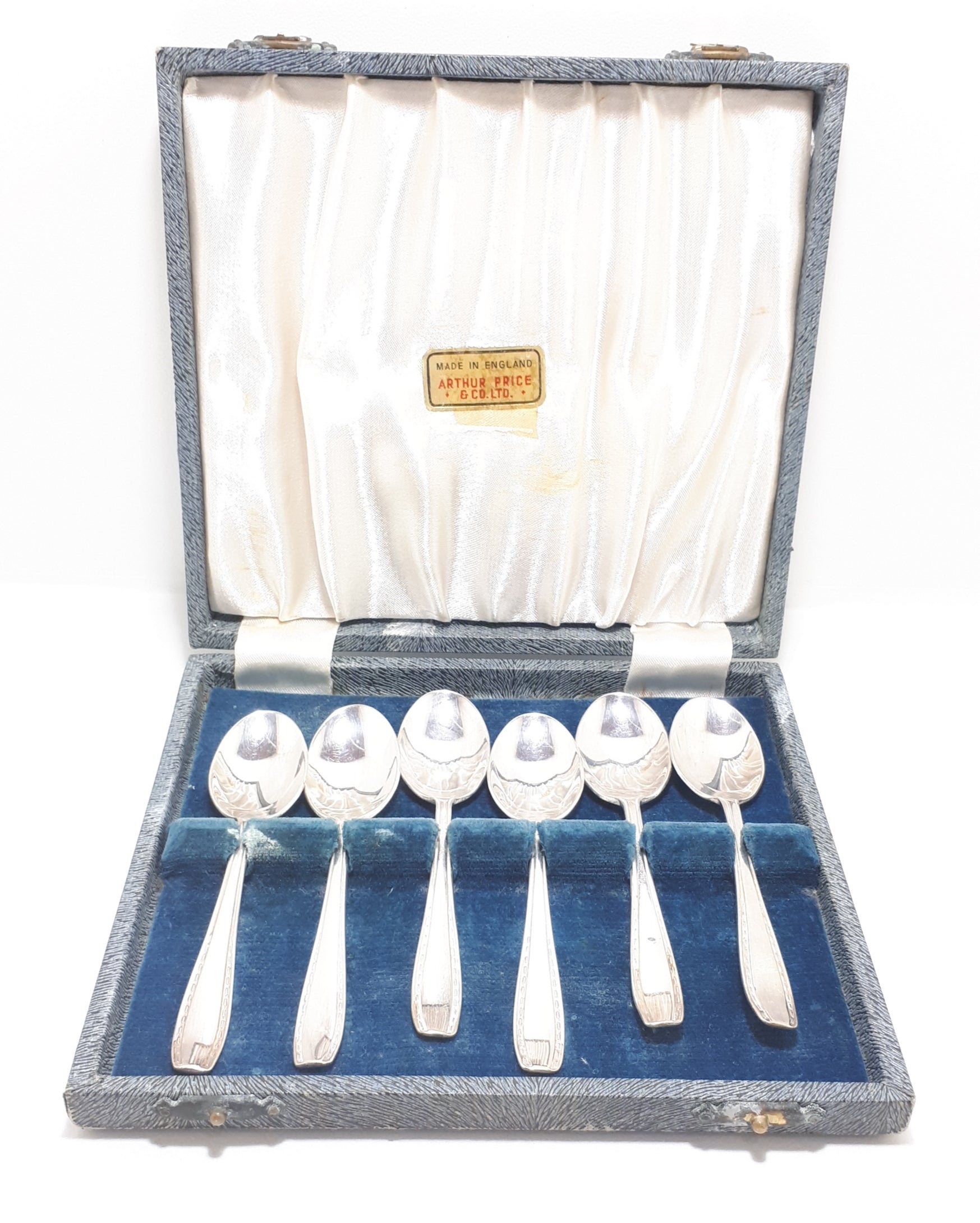 Set of 6 Silver Plated Coffee Spoons with Arthur Price, Sheffield Case – Feather Edge Handles