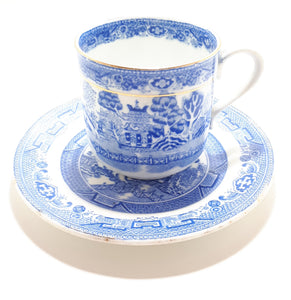 Antique (1897-1904) Blue Willow Tea Cup &amp; Vintage Grafton Blue Willow Saucer