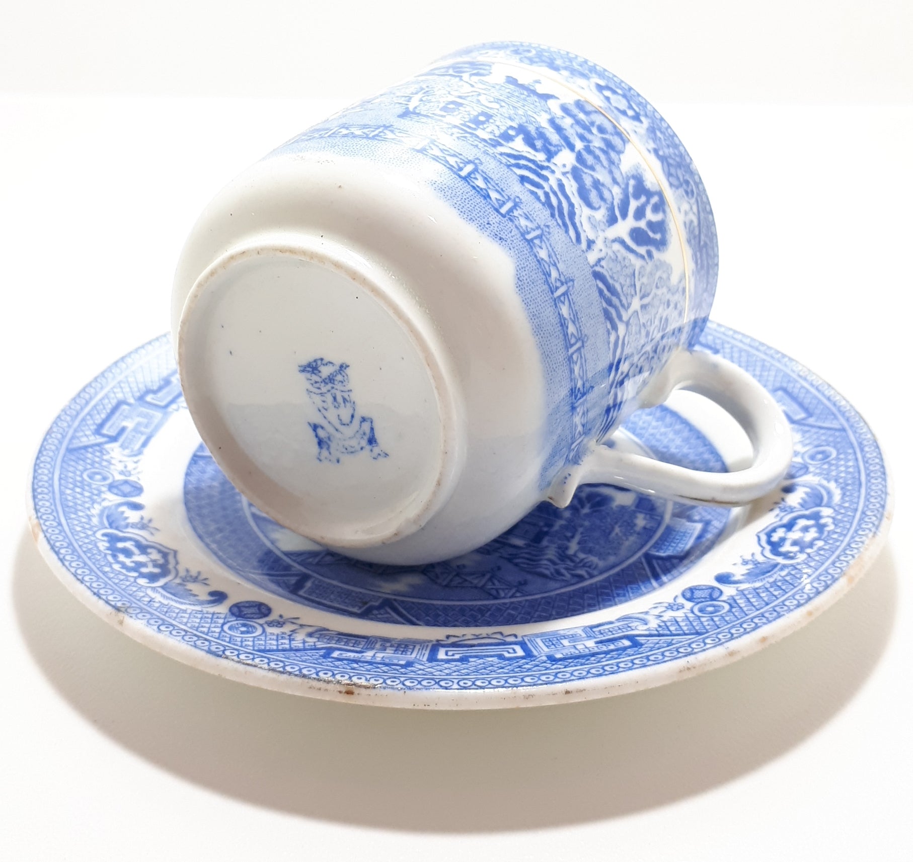Antique (1897-1904) Blue Willow Tea Cup &amp; Vintage Grafton Blue Willow Saucer