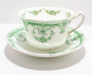 Extremely Rare Antique 1912 Royal Stafford (Thomas Poole, Cobden) Fine Porcelain Tea Duo – Green Transferware Royal Rose Pattern