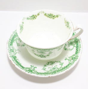 Extremely Rare Antique 1912 Royal Stafford (Thomas Poole, Cobden) Fine Porcelain Tea Duo – Green Transferware Royal Rose Pattern