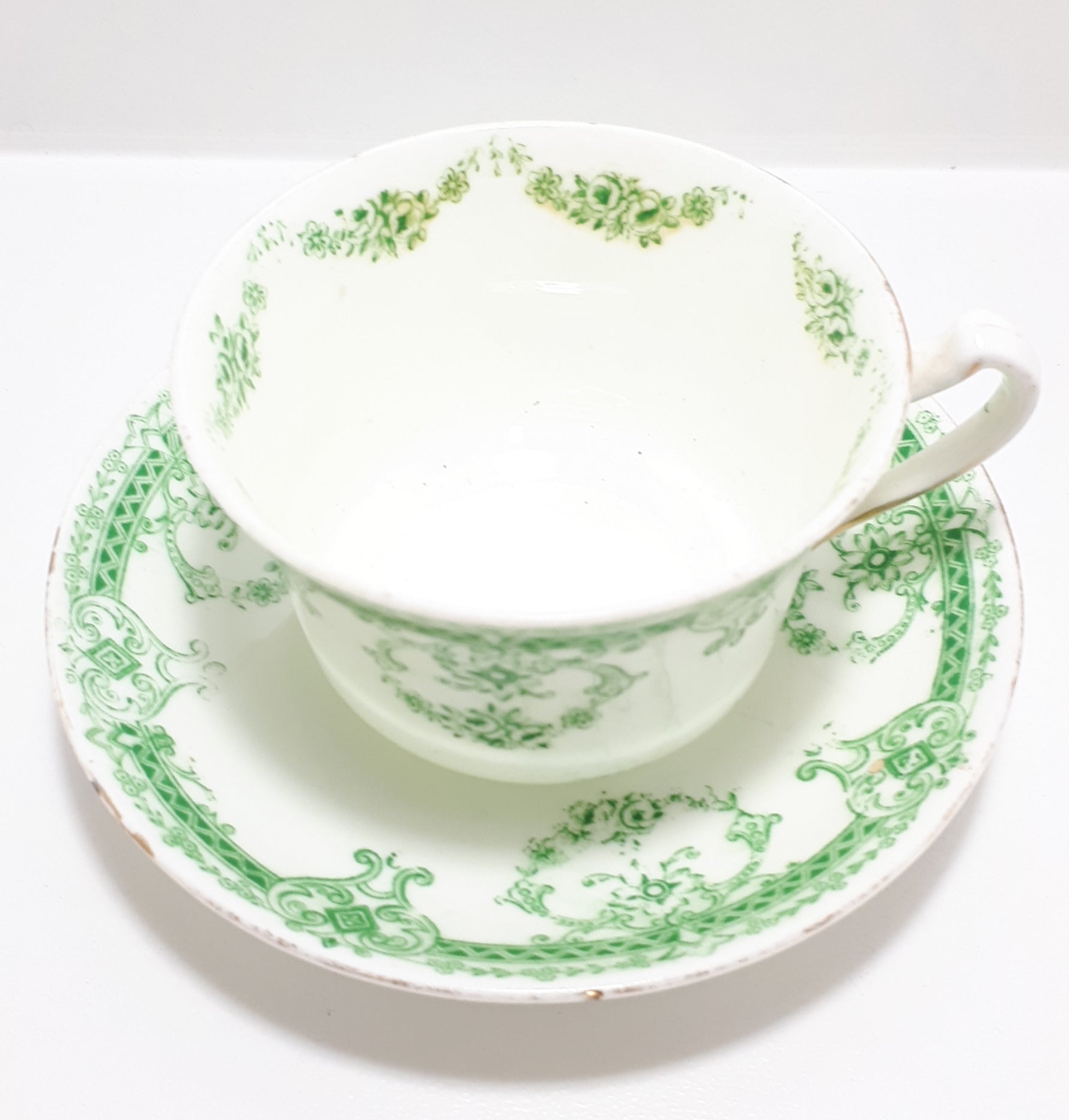 Extremely Rare Antique 1912 Royal Stafford (Thomas Poole, Cobden) Fine Porcelain Tea Duo – Green Transferware Royal Rose Pattern