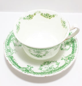 Extremely Rare Antique 1912 Royal Stafford (Thomas Poole, Cobden) Fine Porcelain Tea Duo – Green Transferware Royal Rose Pattern