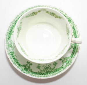 Extremely Rare Antique 1912 Royal Stafford (Thomas Poole, Cobden) Fine Porcelain Tea Duo – Green Transferware Royal Rose Pattern
