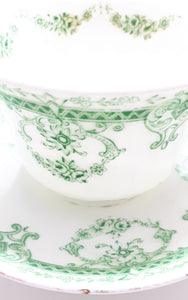 Extremely Rare Antique 1912 Royal Stafford (Thomas Poole, Cobden) Fine Porcelain Tea Duo – Green Transferware Royal Rose Pattern