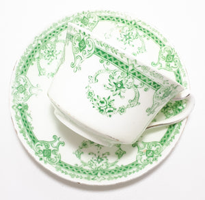 Extremely Rare Antique 1912 Royal Stafford (Thomas Poole, Cobden) Fine Porcelain Tea Duo – Green Transferware Royal Rose Pattern