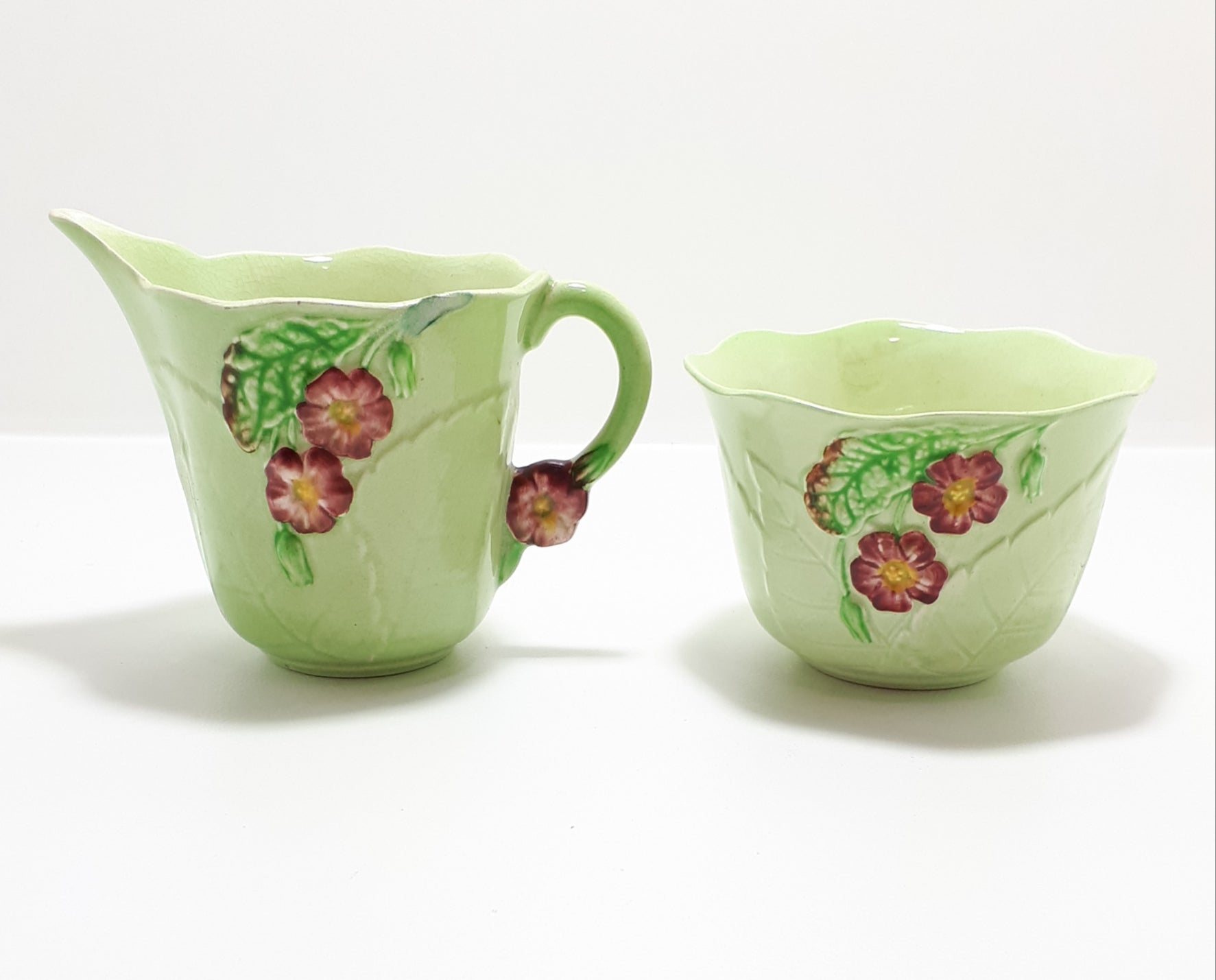 1940’s Carlton Ware “Primula” Porcelain Embossed Open Sugar Bowl &amp; Creamer - Green