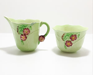 1940’s Carlton Ware “Primula” Porcelain Embossed Open Sugar Bowl &amp; Creamer - Green
