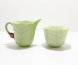 1940’s Carlton Ware “Primula” Porcelain Embossed Open Sugar Bowl &amp; Creamer - Green