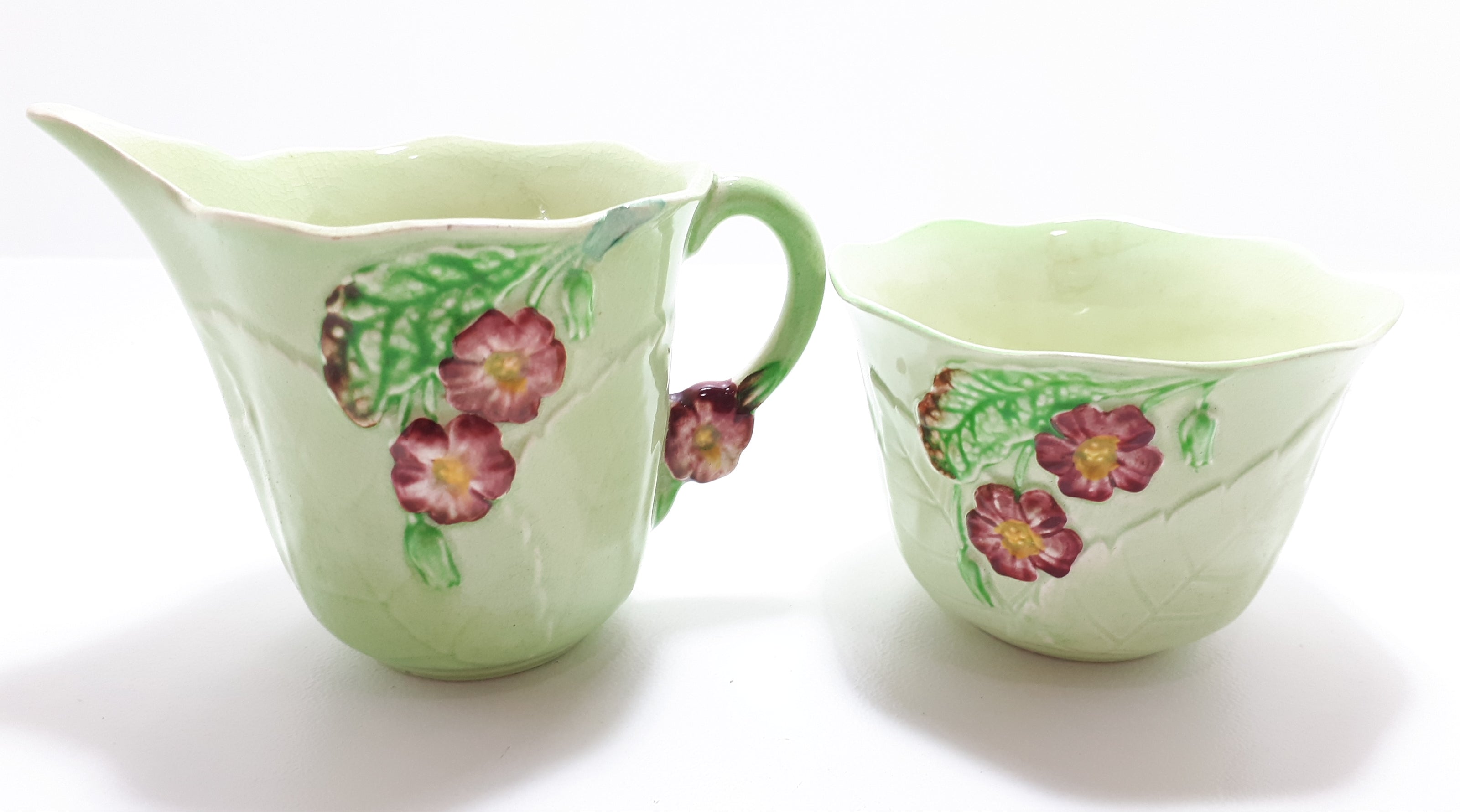 1940’s Carlton Ware “Primula” Porcelain Embossed Open Sugar Bowl &amp; Creamer - Green