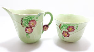 1940’s Carlton Ware “Primula” Porcelain Embossed Open Sugar Bowl &amp; Creamer - Green