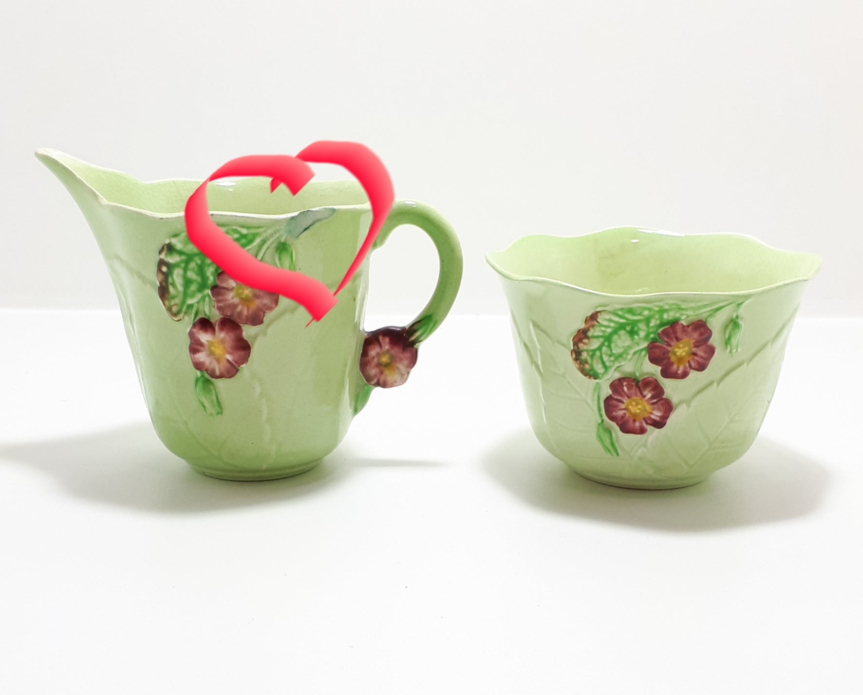1940’s Carlton Ware “Primula” Porcelain Embossed Open Sugar Bowl &amp; Creamer - Green
