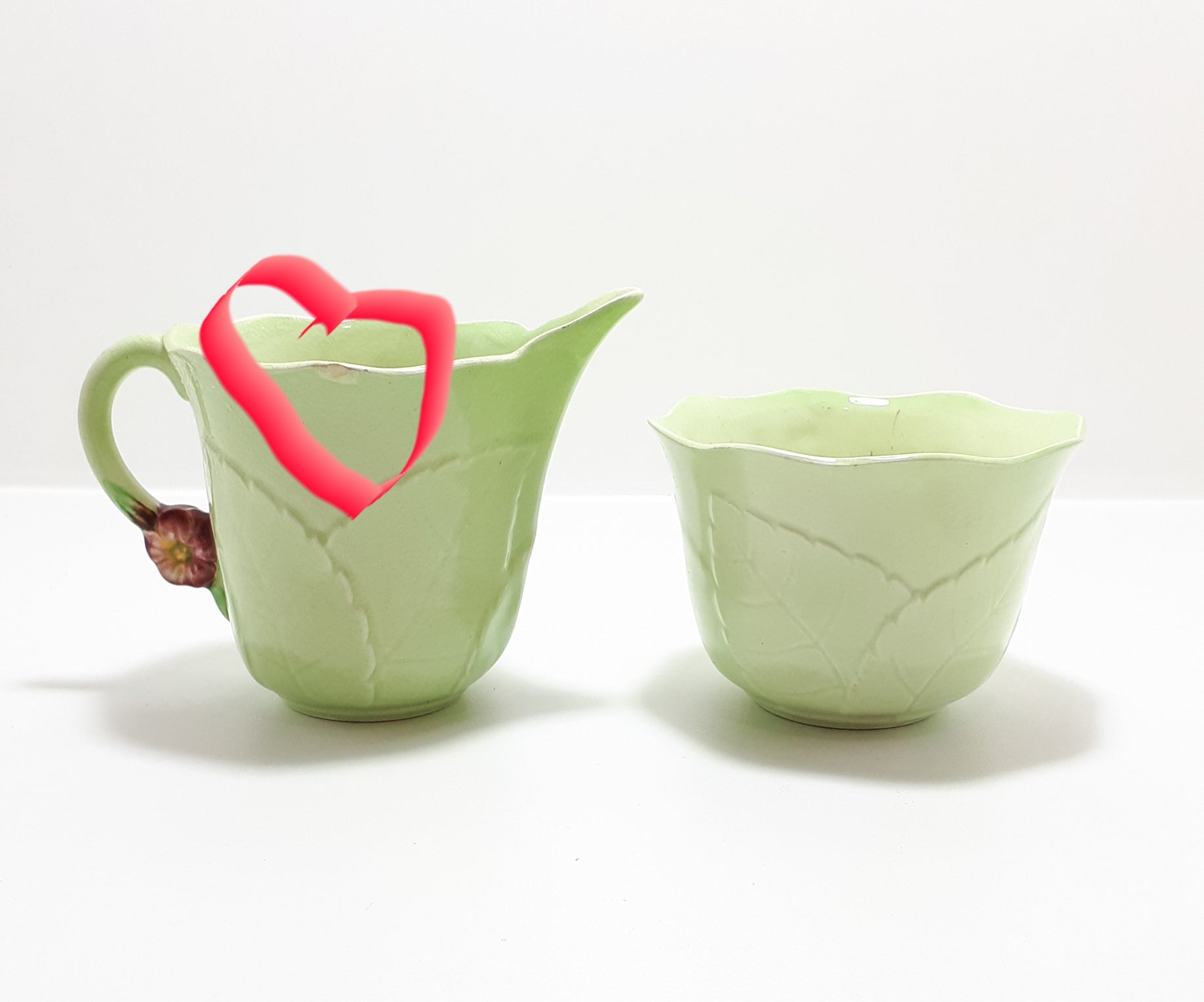 1940’s Carlton Ware “Primula” Porcelain Embossed Open Sugar Bowl &amp; Creamer - Green