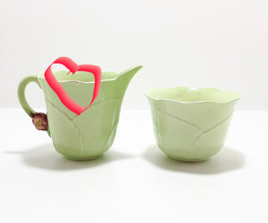 1940’s Carlton Ware “Primula” Porcelain Embossed Open Sugar Bowl &amp; Creamer - Green