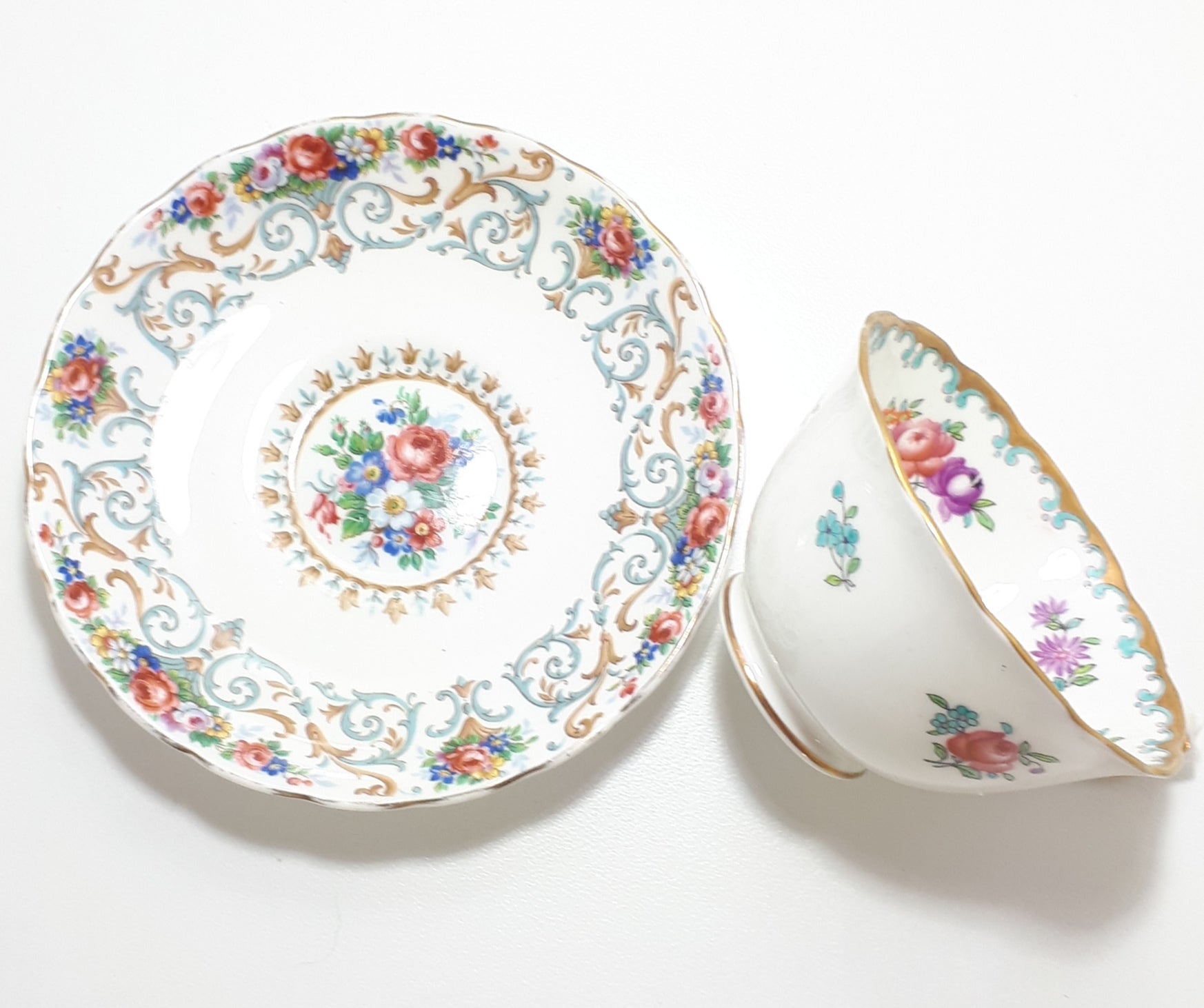 Improvised Tuscan Bone China Tea Duo – 1907 Antique Tuscan Tea Cup & 1940’s Tuscan “Orleans” Saucer
