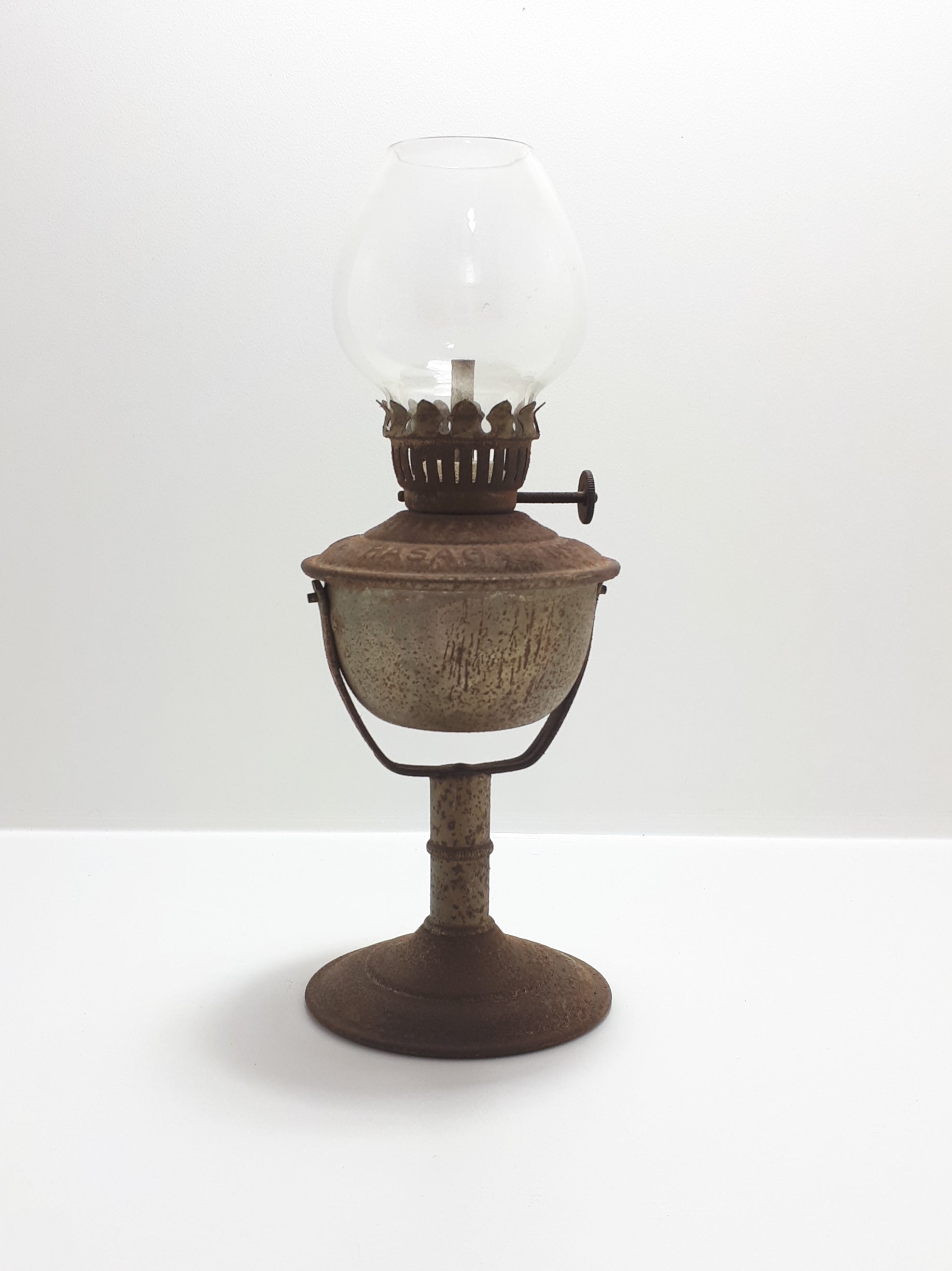Rare Antique (End of the 19th Century) German Metal HASAG Small Kerosene Oil Lamp No. 105 With Clear Glass Lampshade