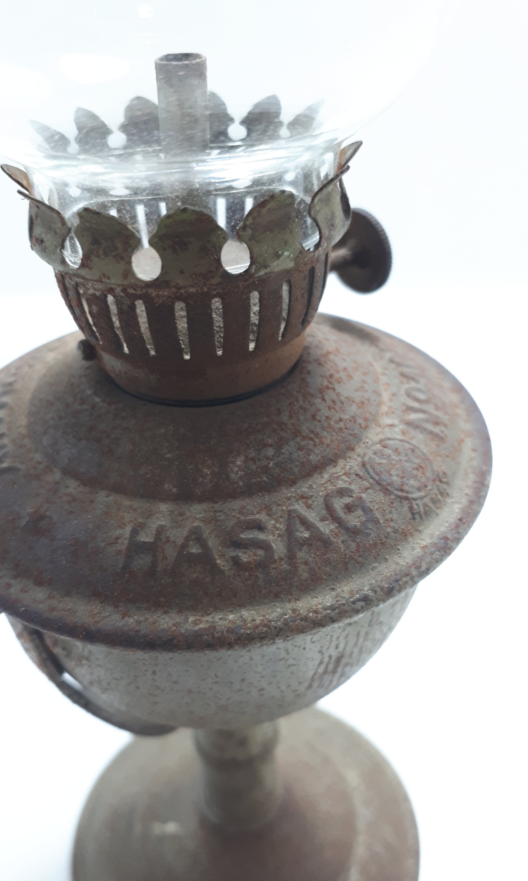 Rare Antique (End of the 19th Century) German Metal HASAG Small Kerosene Oil Lamp No. 105 With Clear Glass Lampshade