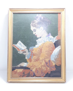 Framed Embroidery (Medium Thread) Of “Young Girl Reading” – Embroidery Of A Painting by Jean – Honore Fragonard