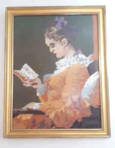 Framed Embroidery (Medium Thread) Of “Young Girl Reading” – Embroidery Of A Painting by Jean – Honore Fragonard