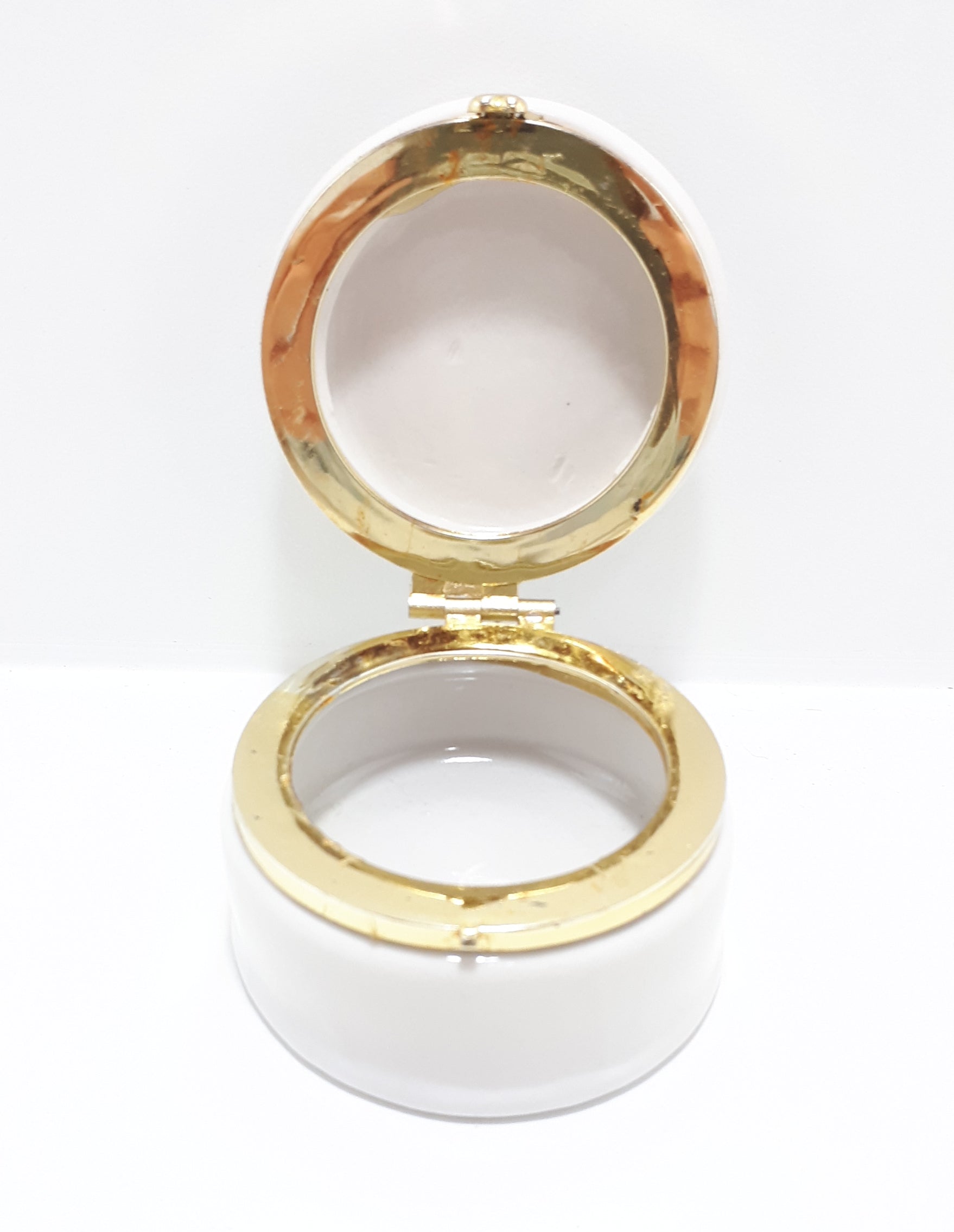 Heavily Glazed Porcelain Ring Box With Gold Collar & Hinged Lid