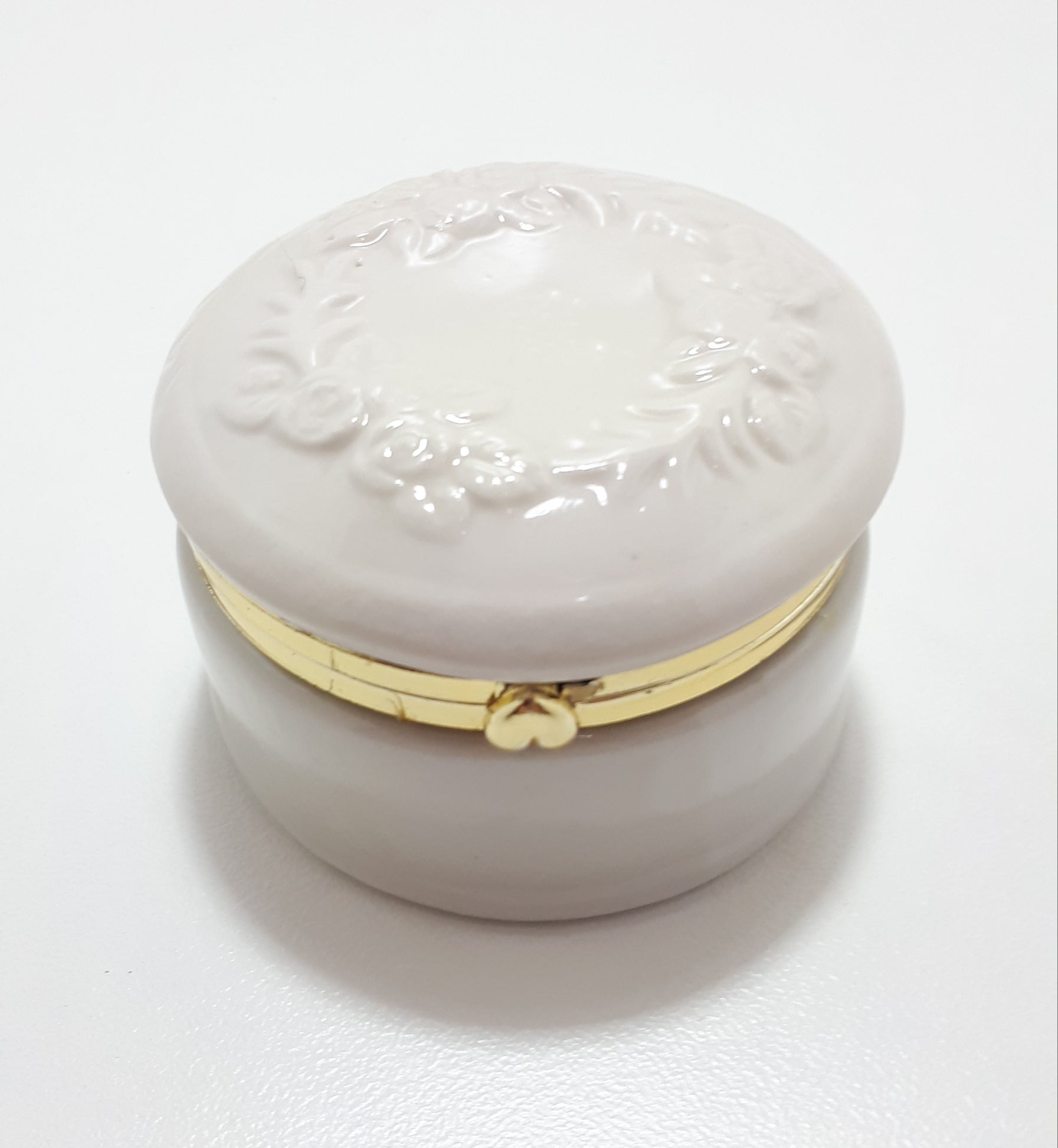 Heavily Glazed Porcelain Ring Box With Gold Collar & Hinged Lid