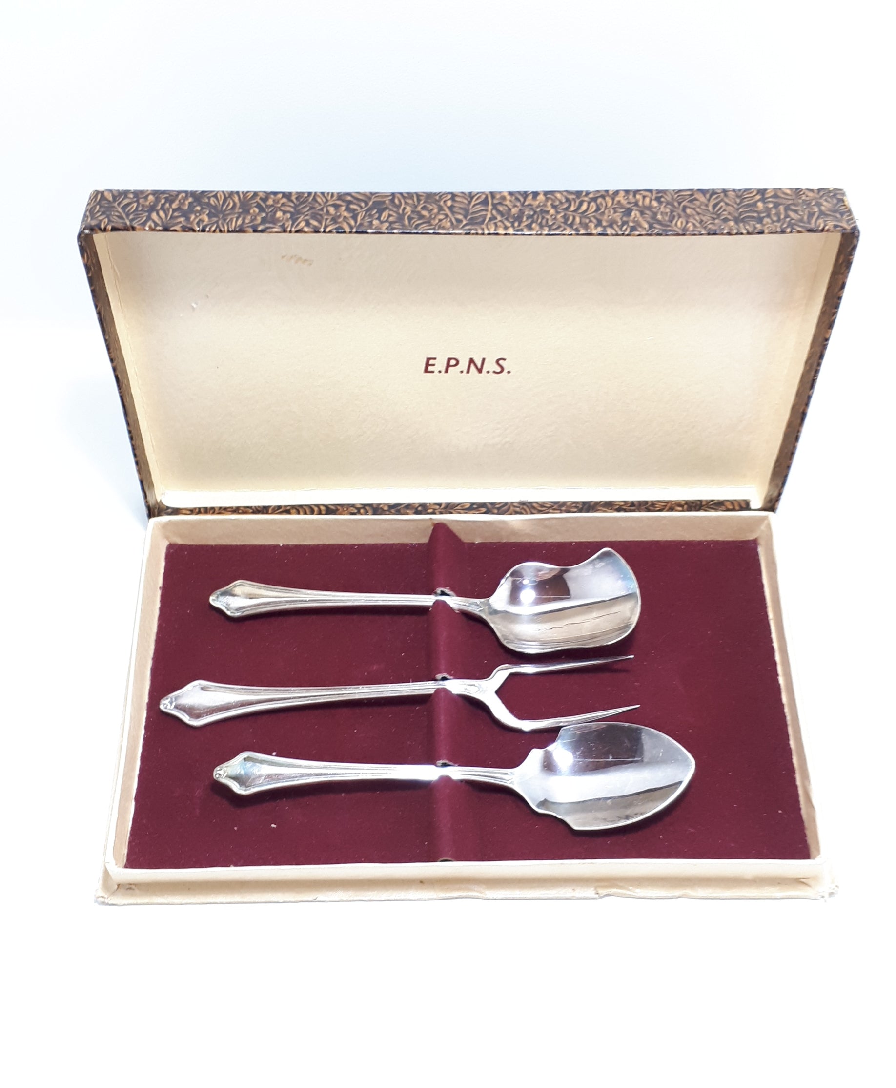 Silver Plated EmEss Plate Serving Set – Jam Spoon, Sugar Spoon & Cheese / Pickle Fork - Jesmond Handle Design