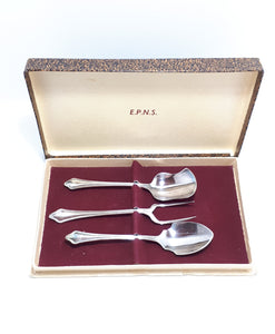 Silver Plated EmEss Plate Serving Set – Jam Spoon, Sugar Spoon & Cheese / Pickle Fork - Jesmond Handle Design