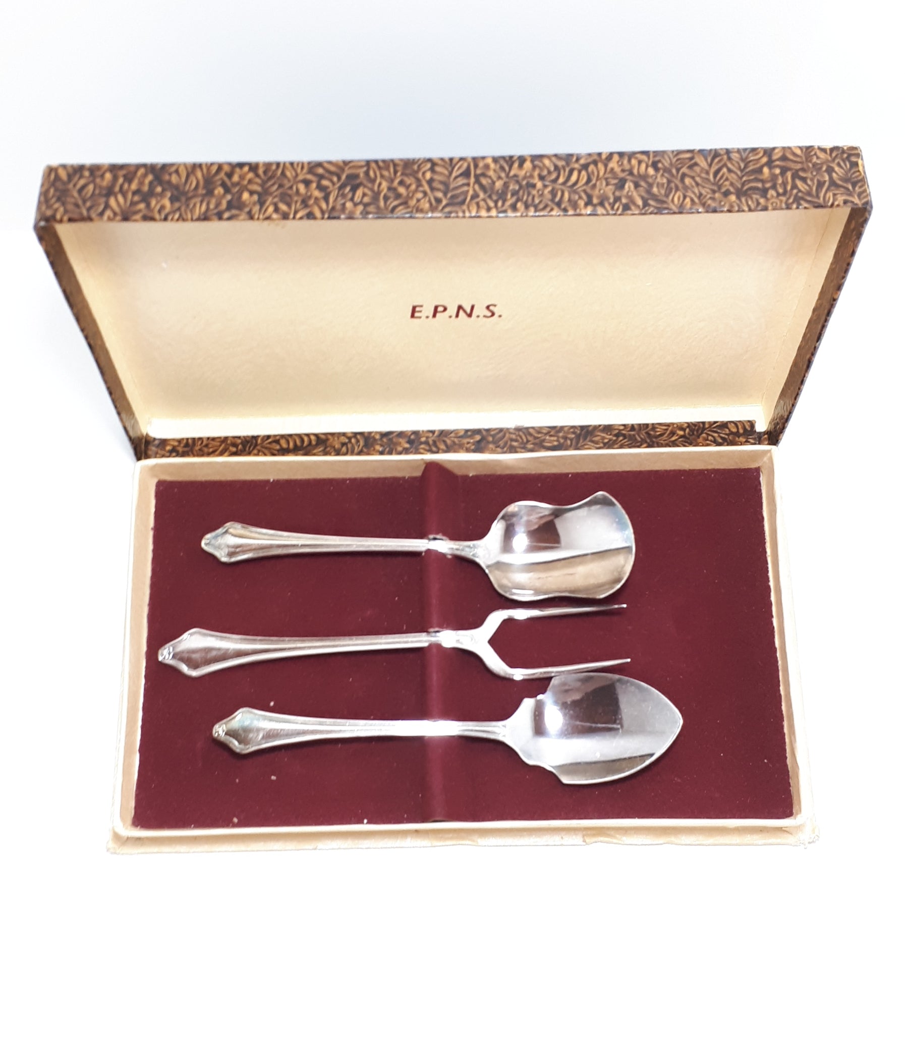 Silver Plated EmEss Plate Serving Set – Jam Spoon, Sugar Spoon & Cheese / Pickle Fork - Jesmond Handle Design